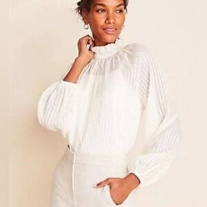 Ann Taylor Sheer White Ruffle Neck Blouse